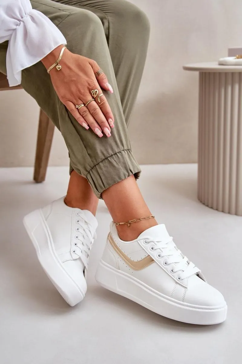 Sale Trampki Sneakersy Damskie Na Platformie Z Eko Skóry Biało-Złote Brennessa Damskie Trampki Damskie Niskie|Sneakersy Damskie