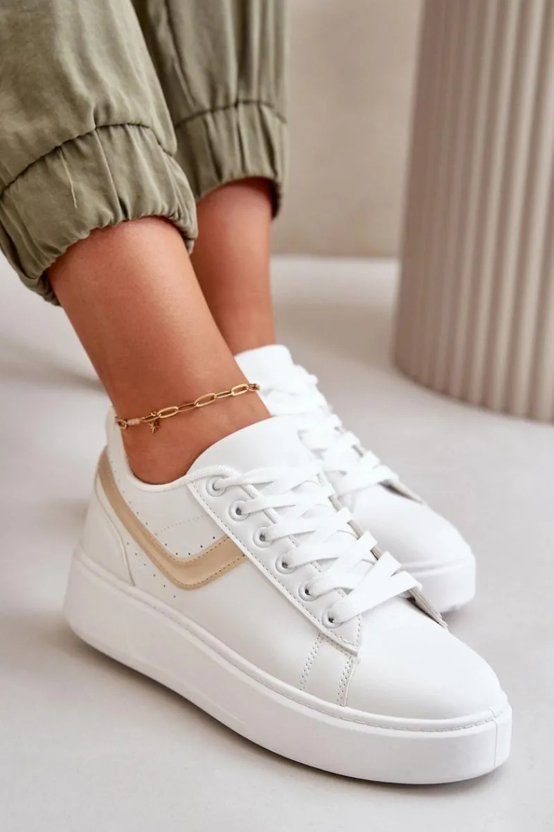 Sale Trampki Sneakersy Damskie Na Platformie Z Eko Skóry Biało-Złote Brennessa Damskie Trampki Damskie Niskie|Sneakersy Damskie
