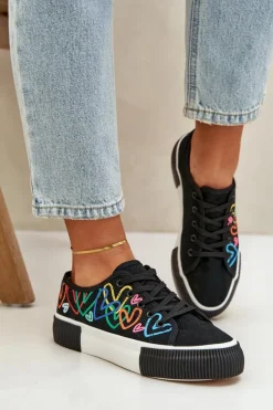 Trampki Damskie Niskie>Boto Trampki Tenisówki Damskie W Serca Czarne Fonirea