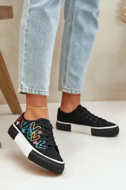 Trampki Damskie Niskie>Boto Trampki Tenisówki Damskie W Serca Czarne Fonirea