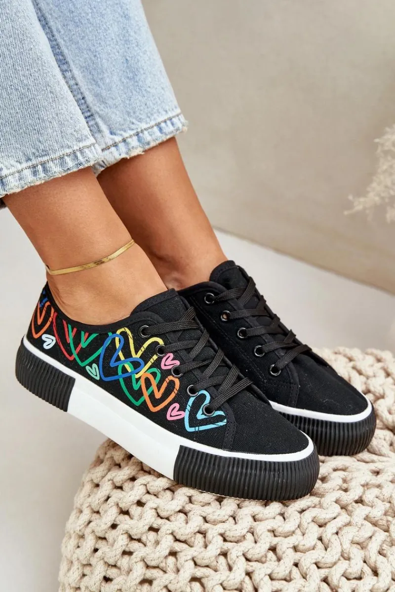 Trampki Damskie Niskie>Boto Trampki Tenisówki Damskie W Serca Czarne Fonirea