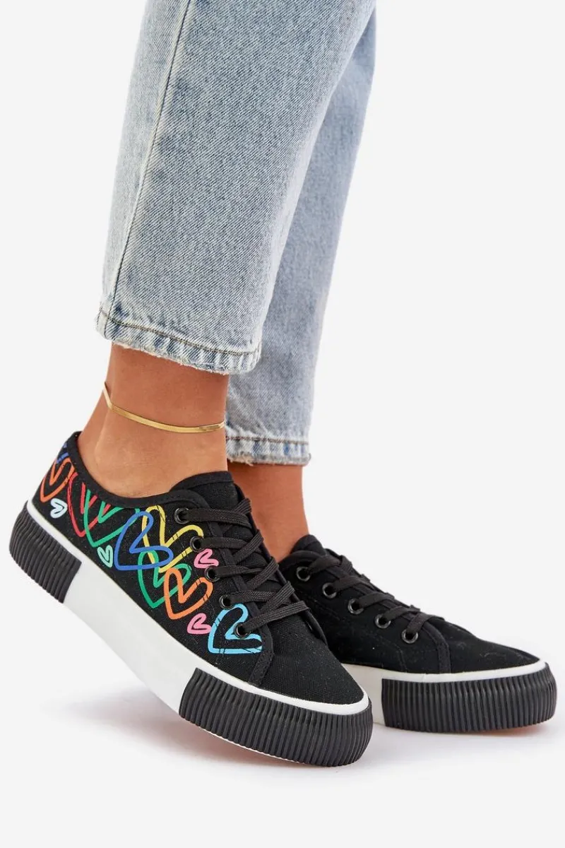 Trampki Damskie Niskie>Boto Trampki Tenisówki Damskie W Serca Czarne Fonirea