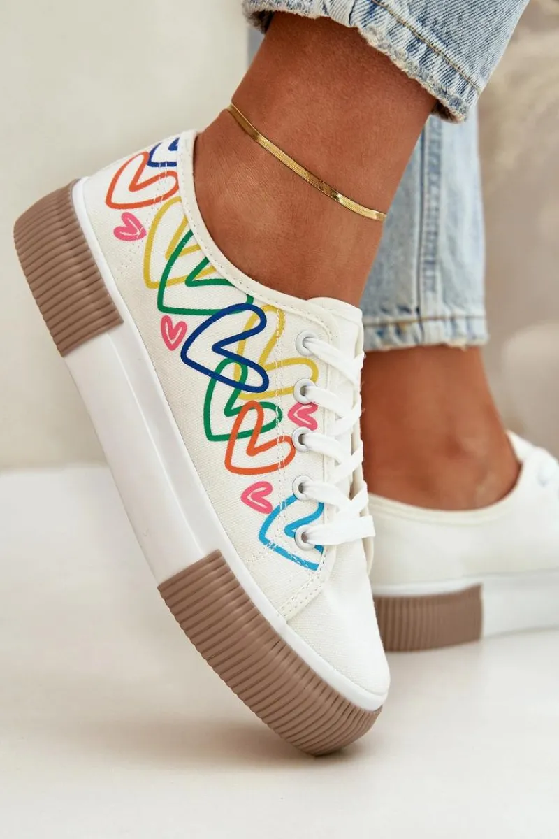 Clearance Boto Trampki Tenisówki Damskie W Serca Białe Fonirea