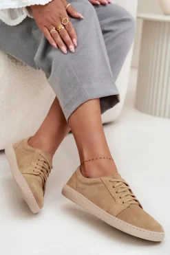 Clearance Trampki Typu Barefoot Z Naturalnego Zamszu 314 Beżowe Damskie Trampki Damskie Niskie|Półbuty Skórzane