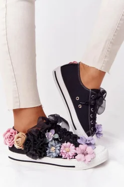 Online Trampki Z Kwiatam Lu Boo Czarne Damskie Trampki Damskie Niskie