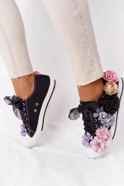 Online Trampki Z Kwiatam Lu Boo Czarne Damskie Trampki Damskie Niskie