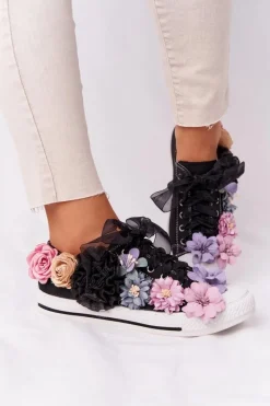 Online Trampki Z Kwiatam Lu Boo Czarne Damskie Trampki Damskie Niskie