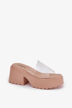 Outlet Transparentne Klapki Damskie Na Platformie I Masywnym Obcasie Beżowe Rizana Damskie Klapki Na Obcasie|Klapki Na Platformie