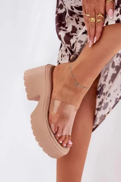 Outlet Transparentne Klapki Damskie Na Platformie I Masywnym Obcasie Beżowe Rizana Damskie Klapki Na Obcasie|Klapki Na Platformie