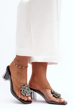 Sale Damskie buty S.Barski Transparentne Klapki Na Słupku Z Ozdobą Czarne S.Barski MR1037-20