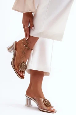 Klapki Na Obcasie|Klapki Damskie Klasyczne>Damskie buty S.Barski Transparentne Klapki Na Słupku Z Ozdobą Złote S.Barski MR1037-20