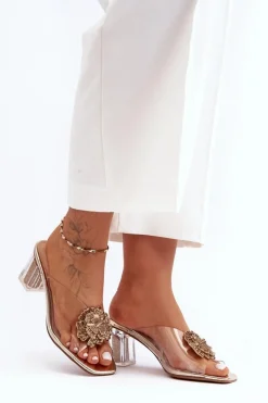 Klapki Na Obcasie|Klapki Damskie Klasyczne>Damskie buty S.Barski Transparentne Klapki Na Słupku Z Ozdobą Złote S.Barski MR1037-20