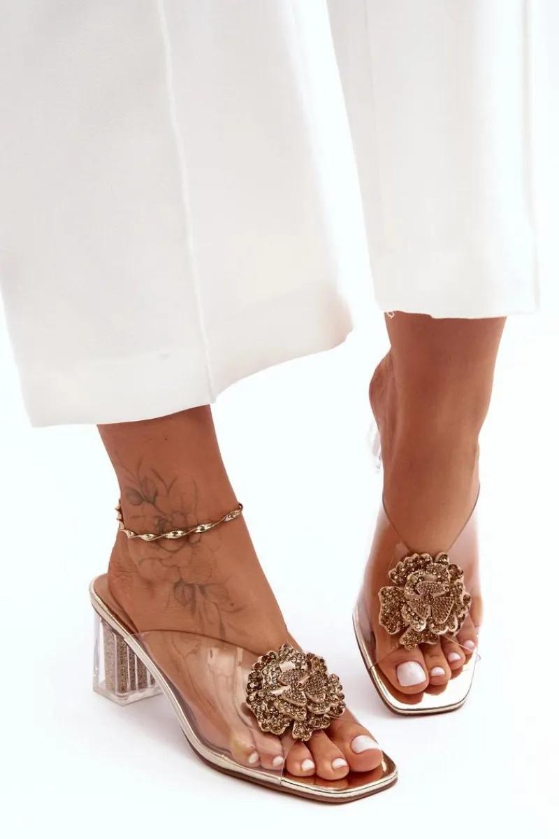 Klapki Na Obcasie|Klapki Damskie Klasyczne>Damskie buty S.Barski Transparentne Klapki Na Słupku Z Ozdobą Złote S.Barski MR1037-20