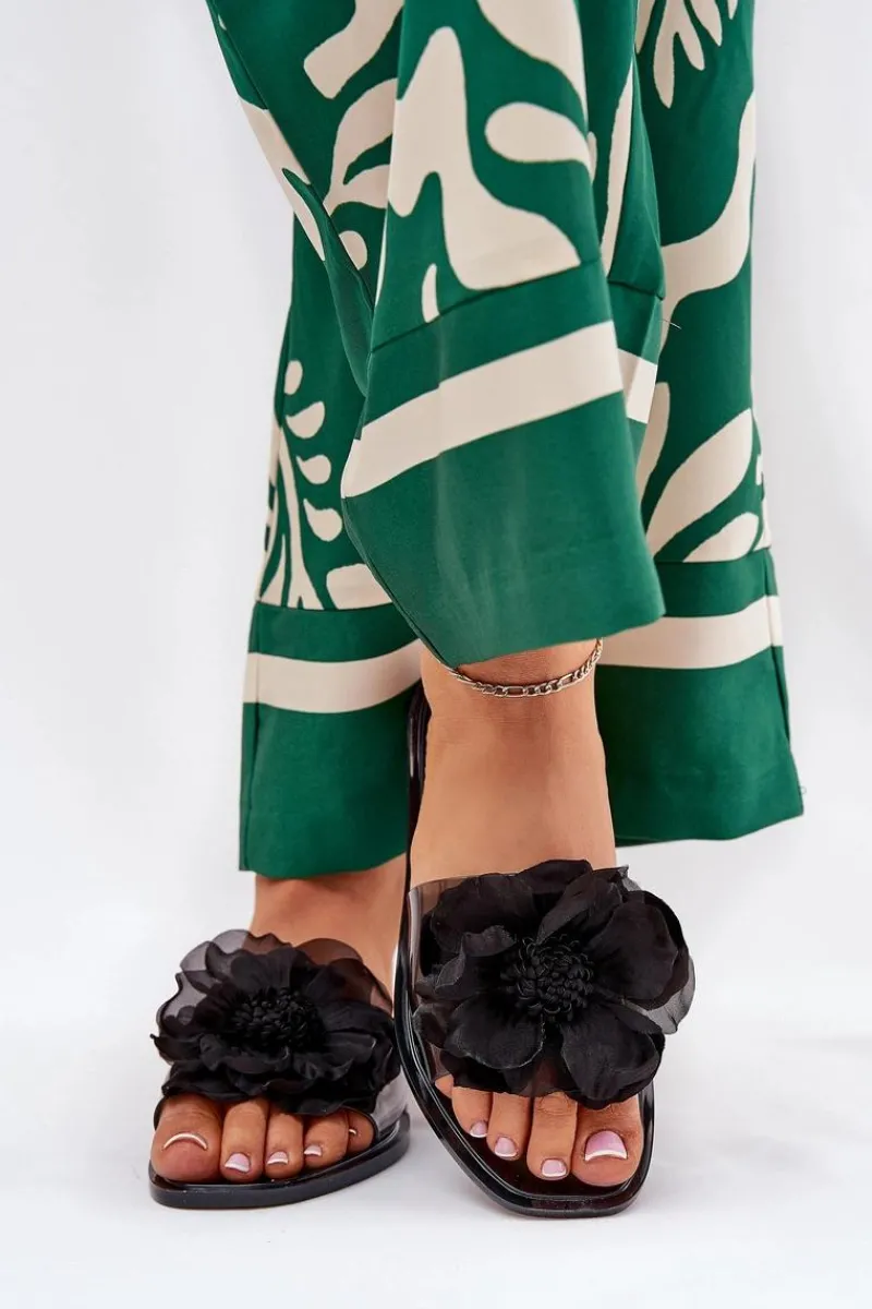 Sale Boto Transparentne Płaskie Klapki Damskie Ze Sztucznym Kwiatem Czarne Vobetta Czarny