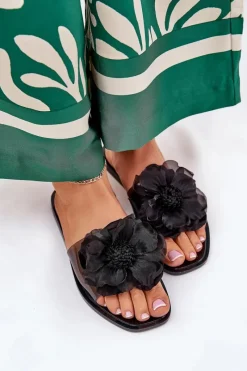 Sale Boto Transparentne Płaskie Klapki Damskie Ze Sztucznym Kwiatem Czarne Vobetta Czarny