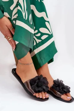 Sale Boto Transparentne Płaskie Klapki Damskie Ze Sztucznym Kwiatem Czarne Vobetta Czarny