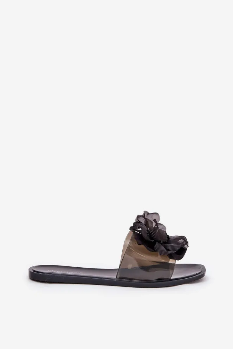 Sale Boto Transparentne Płaskie Klapki Damskie Ze Sztucznym Kwiatem Czarne Vobetta Czarny