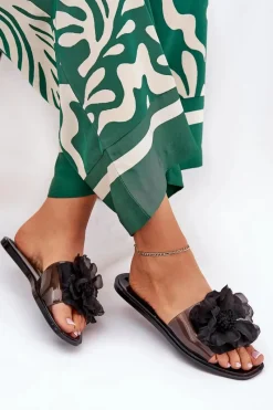 Sale Boto Transparentne Płaskie Klapki Damskie Ze Sztucznym Kwiatem Czarne Vobetta Czarny