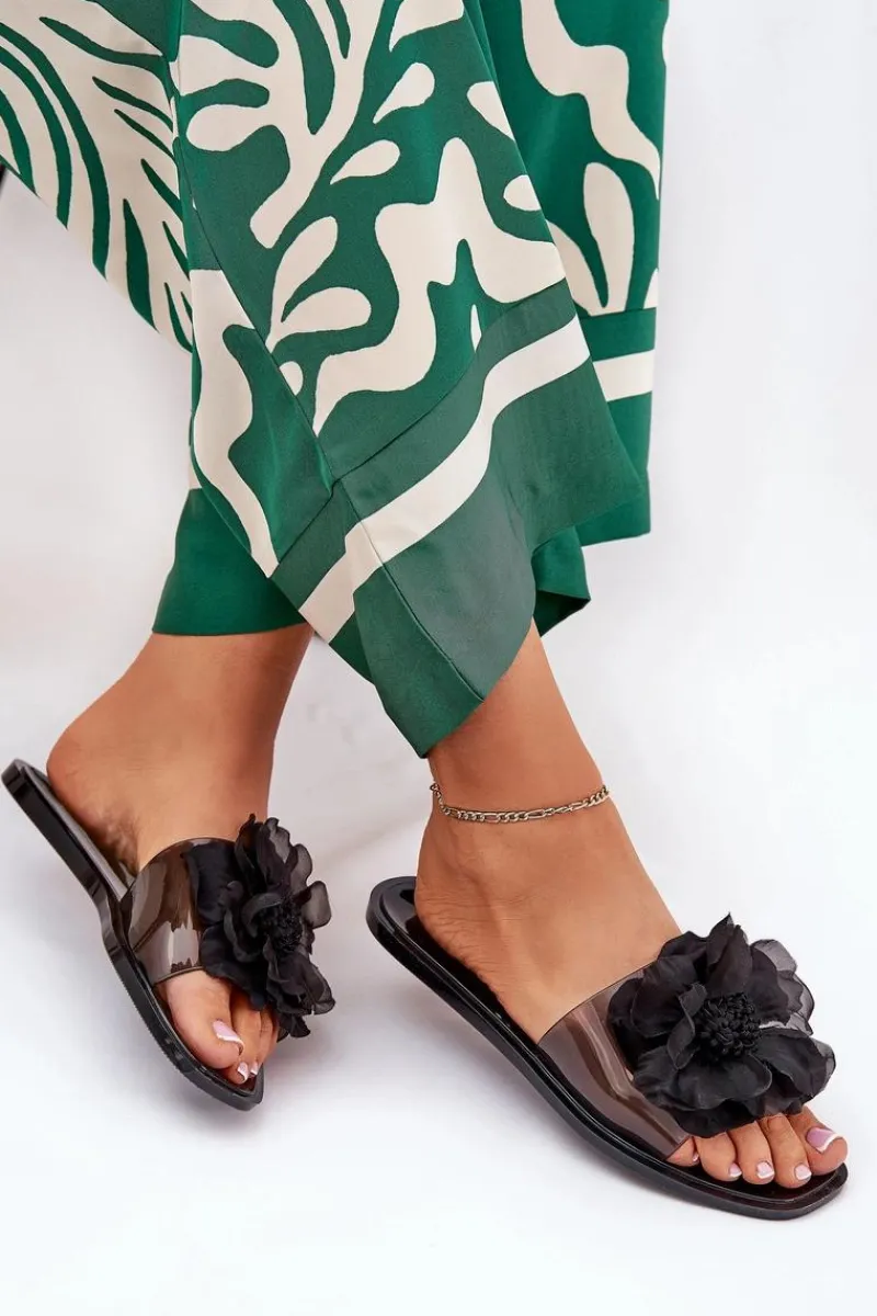 Sale Boto Transparentne Płaskie Klapki Damskie Ze Sztucznym Kwiatem Czarne Vobetta Czarny