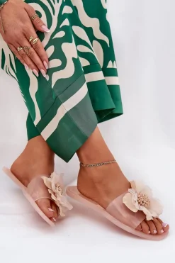 Clearance Boto Transparentne Płaskie Klapki Damskie Ze Sztucznym Kwiatem Nude Vobetta Beżowy