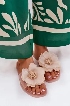 Clearance Boto Transparentne Płaskie Klapki Damskie Ze Sztucznym Kwiatem Nude Vobetta Beżowy