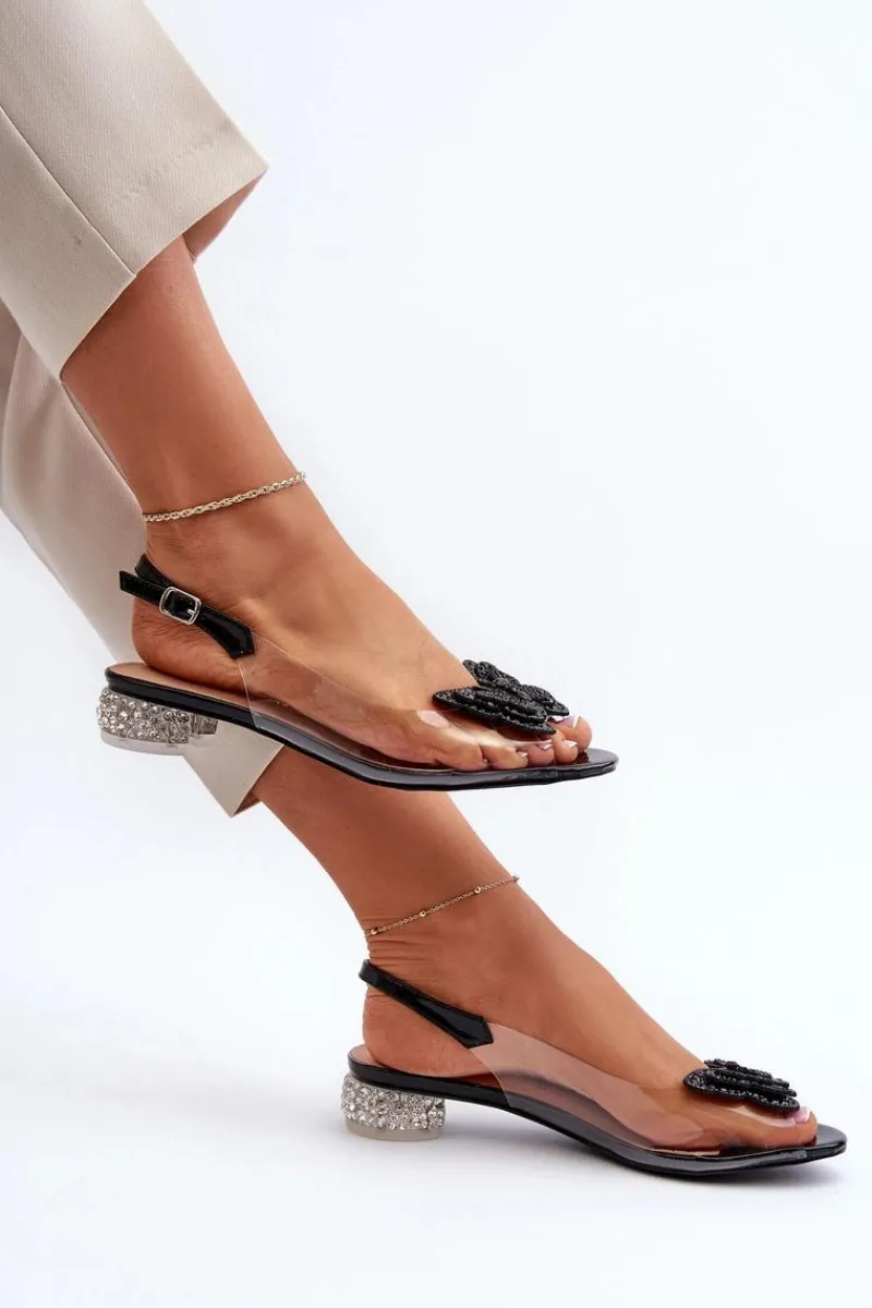 Sandały Na Obcasie>Damskie buty S.Barski Transparentne Sandały Na Niskim Obcasie Z Motylem Czarne D&A MR38-388