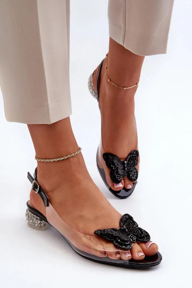 Sandały Na Obcasie>Damskie buty S.Barski Transparentne Sandały Na Niskim Obcasie Z Motylem Czarne D&A MR38-388