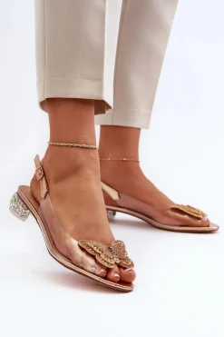 Sandały Na Obcasie>Damskie buty S.Barski Transparentne Sandały Na Niskim Obcasie Z Motylem Złote D&A MR38-388