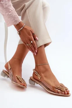 Sandały Na Obcasie>Damskie buty S.Barski Transparentne Sandały Na Niskim Obcasie Z Motylem Złote D&A MR38-388