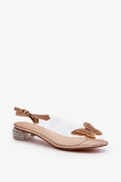 Sandały Na Obcasie></noscript>Damskie buty S.Barski Transparentne Sandały Na Niskim Obcasie Z Motylem Złote D&A MR38-388