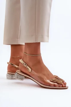 Sandały Na Obcasie></noscript>Damskie buty S.Barski Transparentne Sandały Na Niskim Obcasie Z Motylem Złote D&A MR38-388