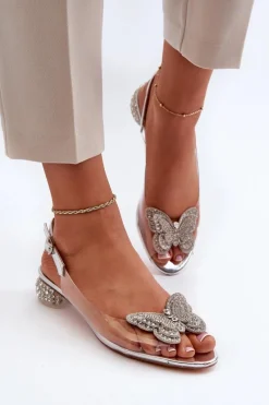 Sandały Na Obcasie>Damskie buty S.Barski Transparentne Sandały Na Niskim Obcasie Z Motylem Różowe Srebrne D&A MR38-388