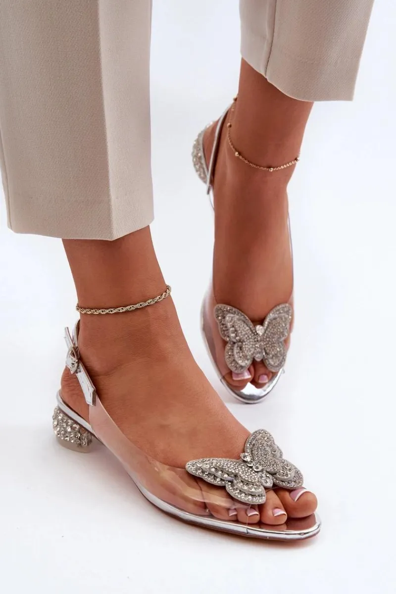 Sandały Na Obcasie>Damskie buty S.Barski Transparentne Sandały Na Niskim Obcasie Z Motylem Różowe Srebrne D&A MR38-388