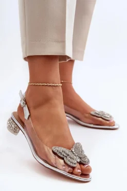 Sandały Na Obcasie>Damskie buty S.Barski Transparentne Sandały Na Niskim Obcasie Z Motylem Różowe Srebrne D&A MR38-388