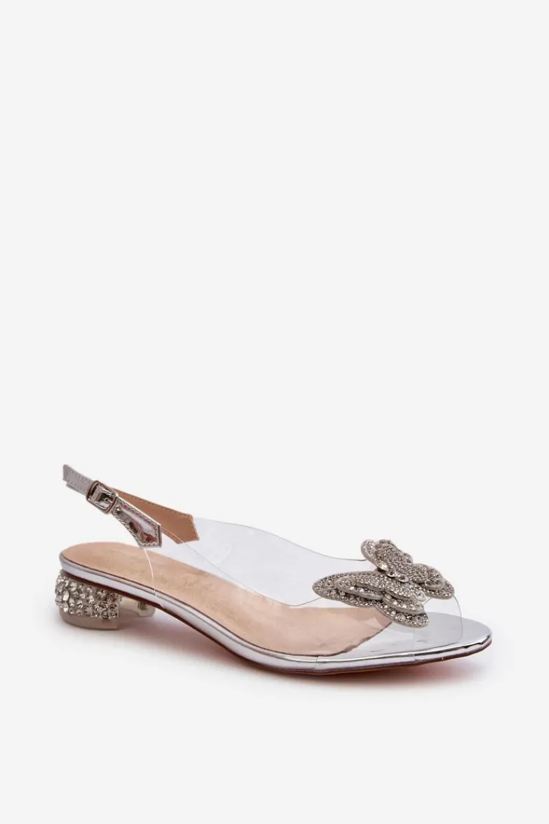 Sandały Na Obcasie>Damskie buty S.Barski Transparentne Sandały Na Niskim Obcasie Z Motylem Różowe Srebrne D&A MR38-388