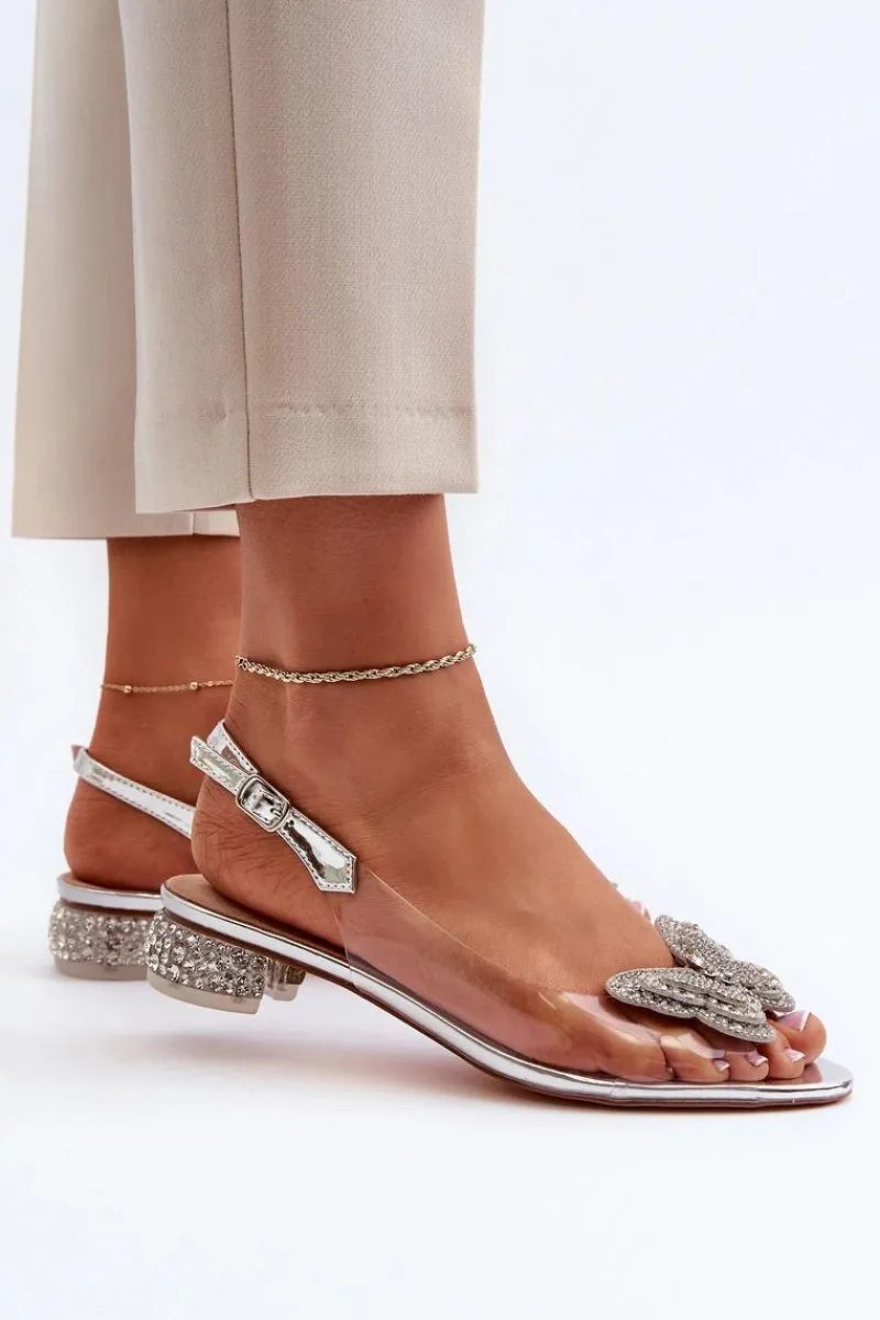 Sandały Na Obcasie>Damskie buty S.Barski Transparentne Sandały Na Niskim Obcasie Z Motylem Różowe Srebrne D&A MR38-388