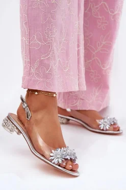 Sandały Na Obcasie>Damskie buty S.Barski Transparentne Sandały Na Niskim Obcasie Ze Zdobieniem D&A MR51-709 Srebrne