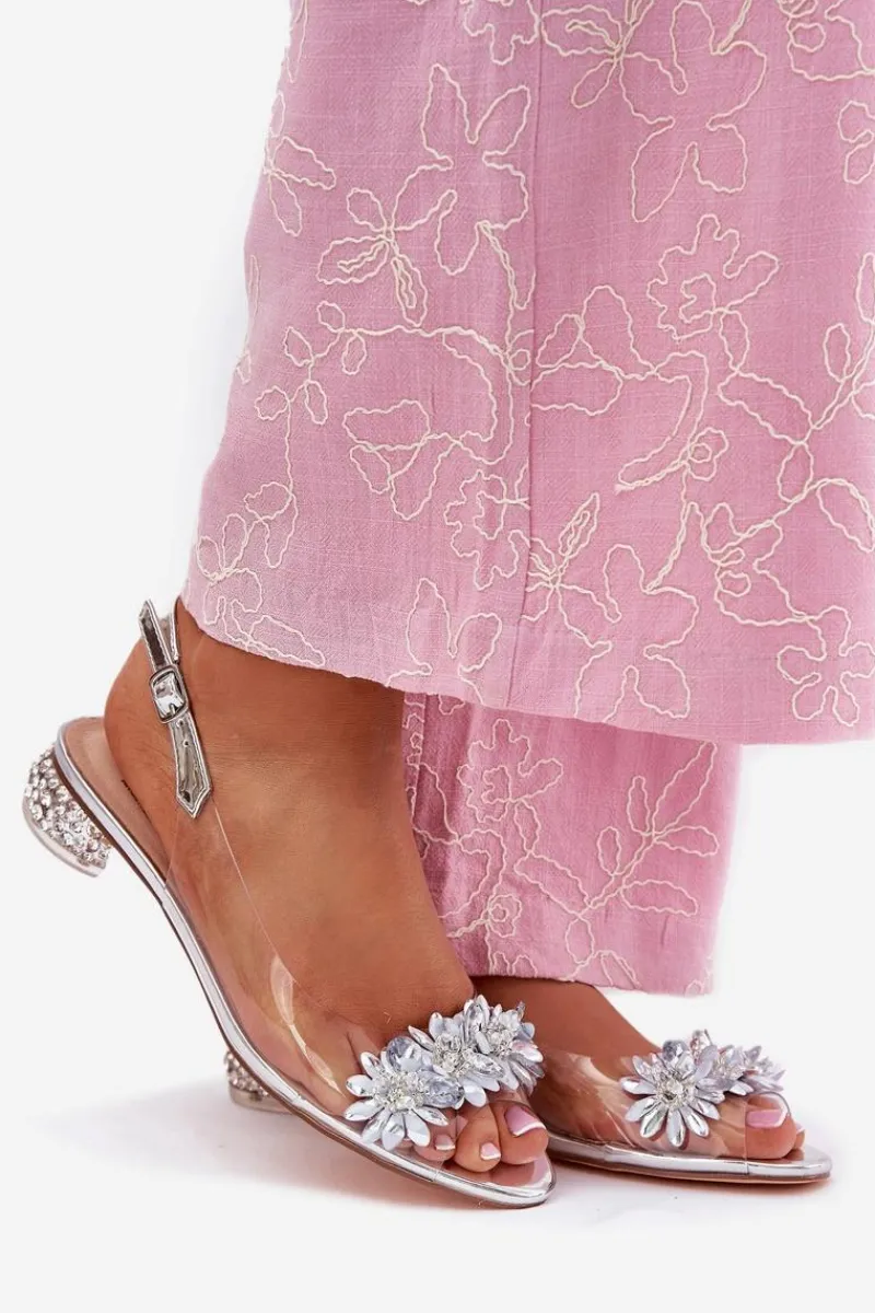 Sandały Na Obcasie>Damskie buty S.Barski Transparentne Sandały Na Niskim Obcasie Ze Zdobieniem D&A MR51-709 Srebrne