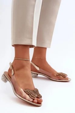 New Transparentne Sandały Na Niskim Obcasie Z Motylem Różowe Złoto D&A MR38-388 Damskie Sandały Na Obcasie