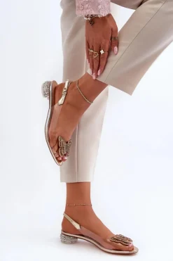 New Transparentne Sandały Na Niskim Obcasie Z Motylem Różowe Złoto D&A MR38-388 Damskie Sandały Na Obcasie