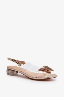 New Transparentne Sandały Na Niskim Obcasie Z Motylem Różowe Złoto D&A MR38-388 Damskie Sandały Na Obcasie