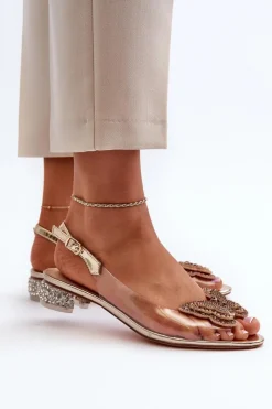 New Transparentne Sandały Na Niskim Obcasie Z Motylem Różowe Złoto D&A MR38-388 Damskie Sandały Na Obcasie