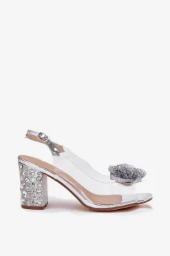 Discount Damskie buty S.Barski Transparentne Sandały Na Słupku Z Kryształkami I Ozdobą D&A MR51-702 Srebrne Srebrny