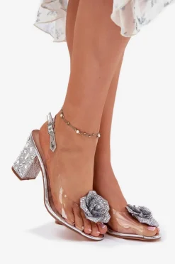 Discount Damskie buty S.Barski Transparentne Sandały Na Słupku Z Kryształkami I Ozdobą D&A MR51-702 Srebrne Srebrny