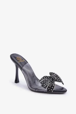 Hot Transparentne Sandały Na Szpilce Z Błyszczącą Kokardą Czarne Viosta Damskie Sandały Na Obcasie
