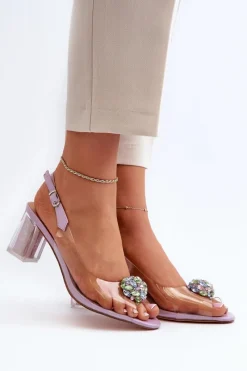 Sale Damskie buty S.Barski Transparentne Sandały Na Słupku z Ozdobą Fioletowe D&A MR38-454 Fioletowy