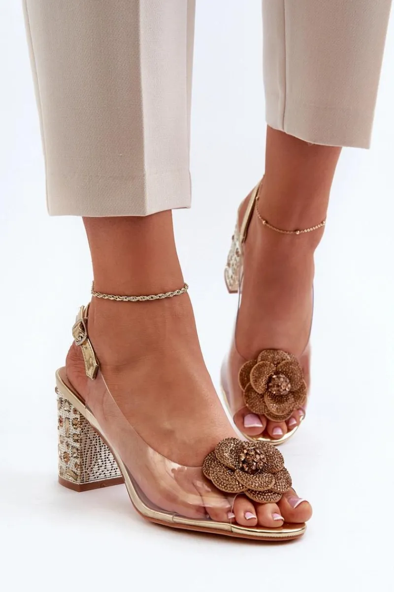Sandały Z Cholewką|Sandały Na Obcasie>Damskie buty S.Barski Transparentne Sandały Na Słupku Z Ozdobami S.Barski MR38-356 Złote