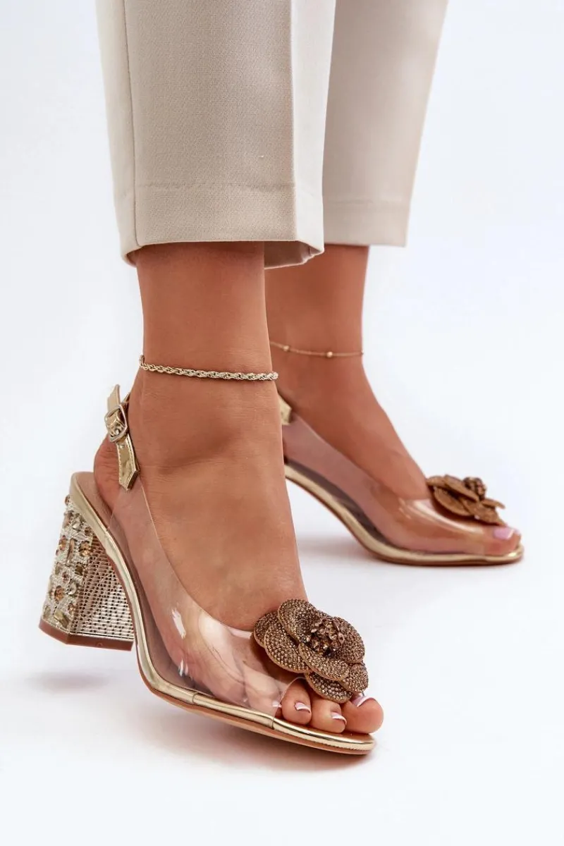 Sandały Z Cholewką|Sandały Na Obcasie>Damskie buty S.Barski Transparentne Sandały Na Słupku Z Ozdobami S.Barski MR38-356 Złote