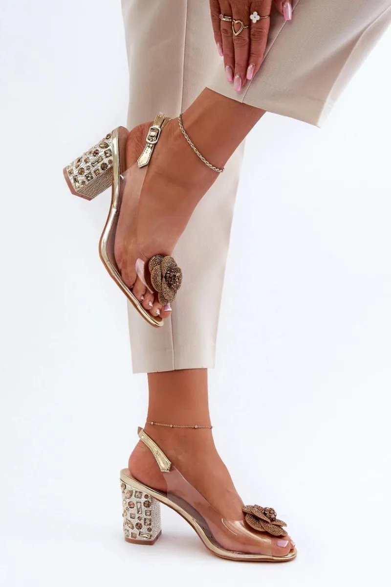 Sandały Z Cholewką|Sandały Na Obcasie>Damskie buty S.Barski Transparentne Sandały Na Słupku Z Ozdobami S.Barski MR38-356 Złote