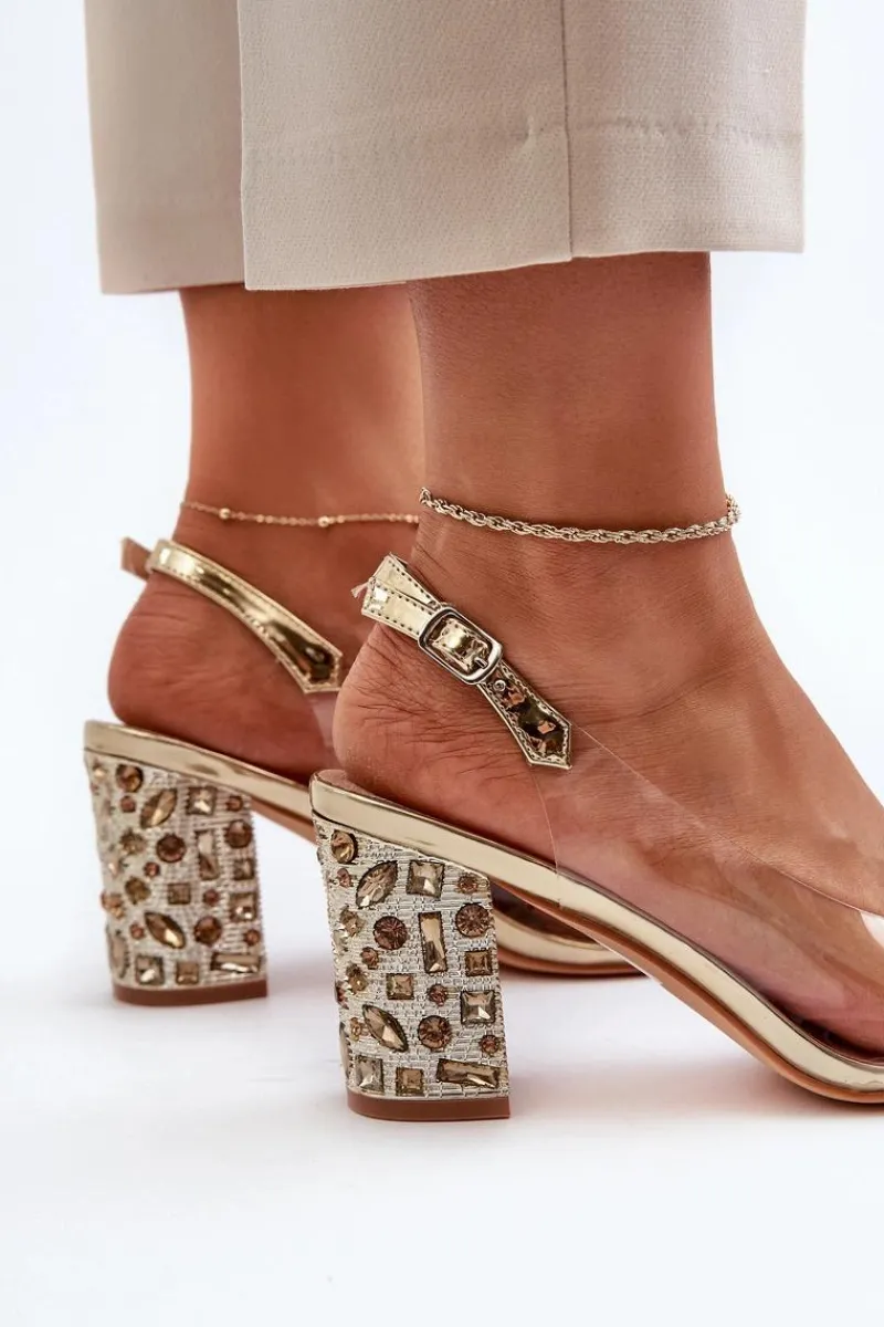 Sandały Z Cholewką|Sandały Na Obcasie>Damskie buty S.Barski Transparentne Sandały Na Słupku Z Ozdobami S.Barski MR38-356 Złote